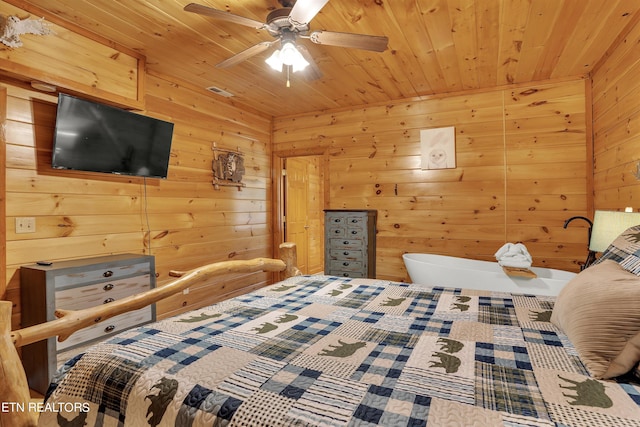 bedroom featuring wood ceiling, ceiling fan, and wooden walls