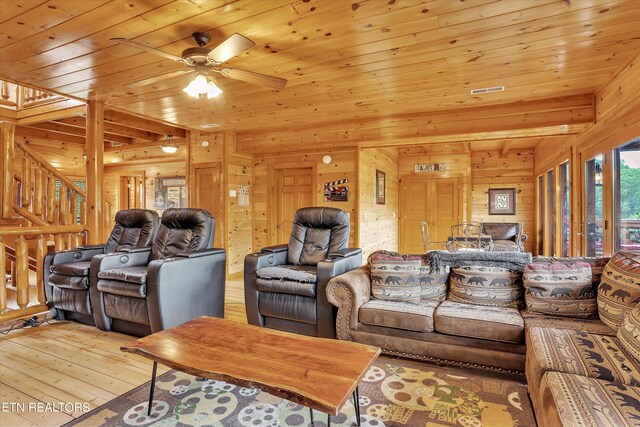 living room with wood ceiling, ceiling fan, wooden walls, and hardwood / wood-style flooring