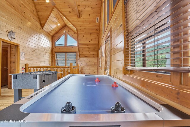 recreation room with a wealth of natural light, wood walls, wooden ceiling, and lofted ceiling