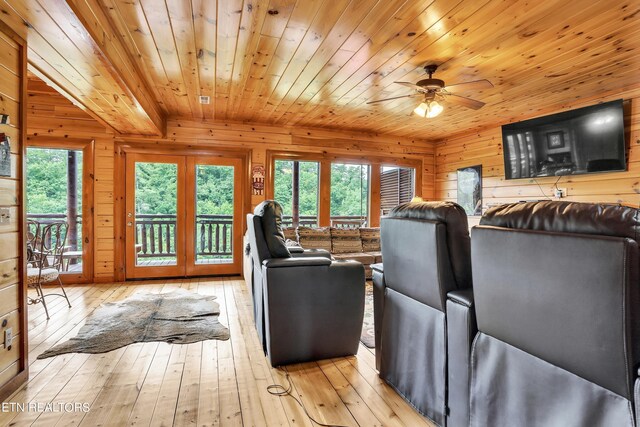 interior space with wooden ceiling, plenty of natural light, light hardwood / wood-style flooring, and ceiling fan