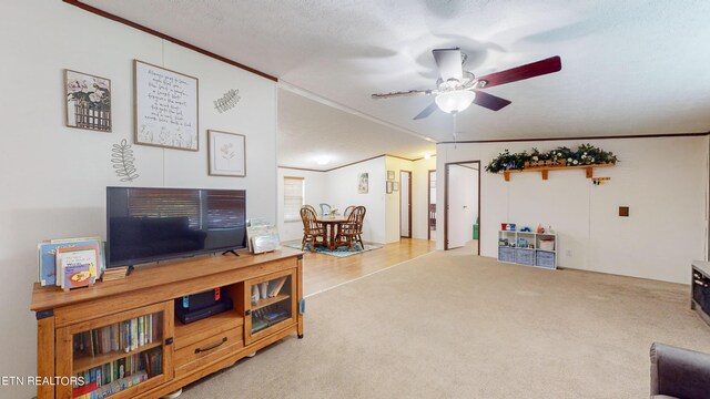 carpeted living room with ceiling fan, ornamental molding, and a textured ceiling