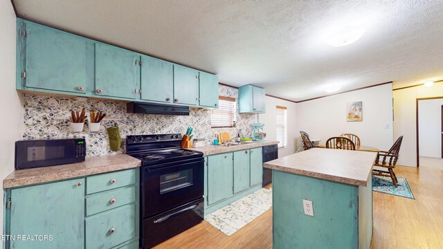 kitchen featuring ventilation hood, sink, black appliances, light hardwood / wood-style flooring, and a kitchen island