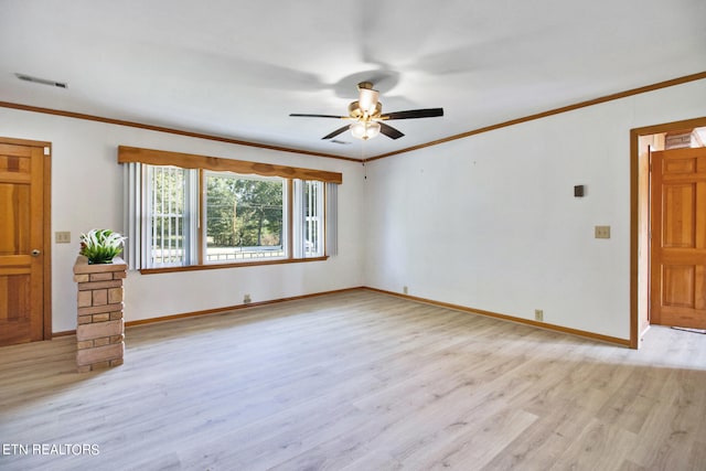 spare room with crown molding, light hardwood / wood-style flooring, and ceiling fan