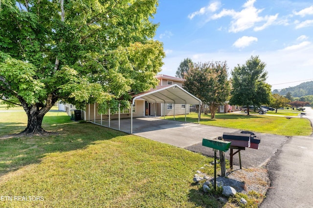 surrounding community featuring driveway, a yard, and a detached carport