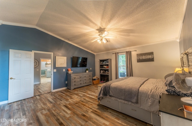 bedroom featuring hardwood / wood-style floors, ceiling fan, a textured ceiling, vaulted ceiling, and crown molding