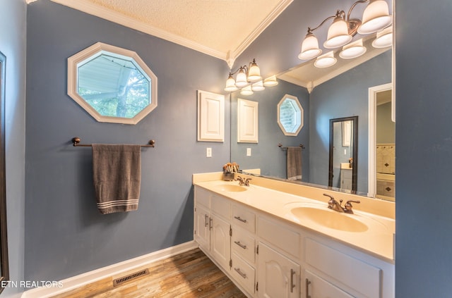 bathroom with lofted ceiling, vanity, crown molding, and a textured ceiling