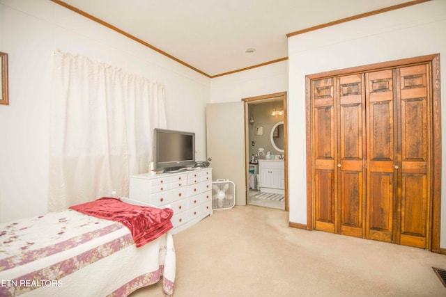 carpeted bedroom with connected bathroom and ornamental molding