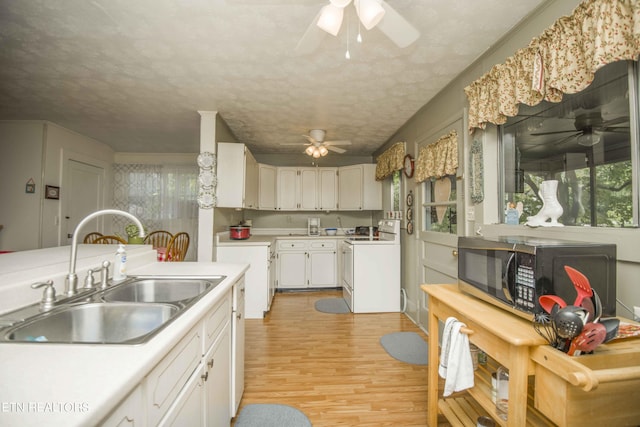 kitchen featuring white range with electric cooktop, stainless steel microwave, ceiling fan, a sink, and light wood-type flooring