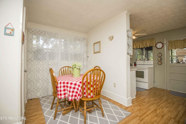 dining space with ceiling fan, light wood finished floors, and baseboards