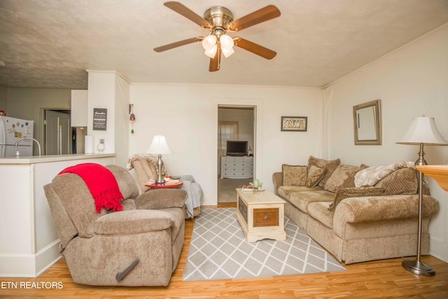 living room featuring ceiling fan and hardwood / wood-style flooring