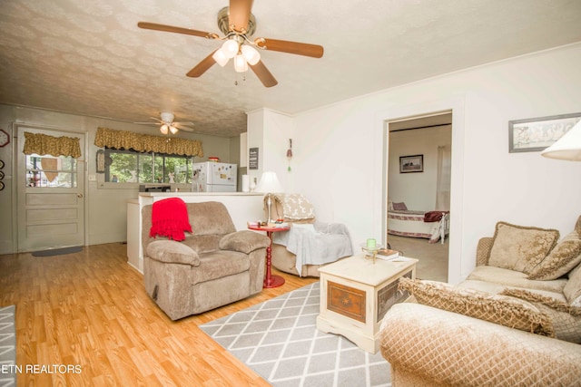 living room with a textured ceiling, light hardwood / wood-style flooring, and ceiling fan