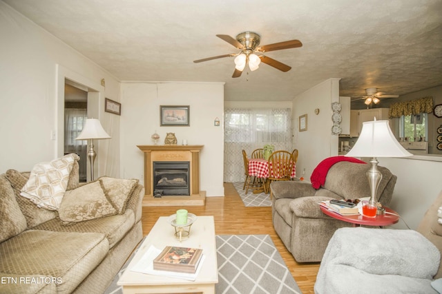 living room with a ceiling fan, a glass covered fireplace, a textured ceiling, and wood finished floors