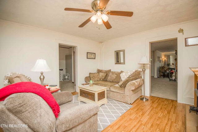 living room with ceiling fan and light hardwood / wood-style floors