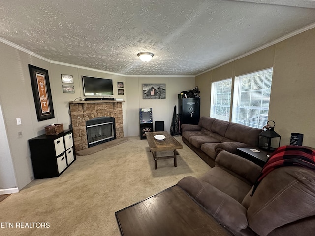 carpeted living room featuring a textured ceiling, ornamental molding, and a fireplace