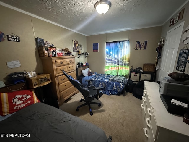 carpeted bedroom featuring a textured ceiling