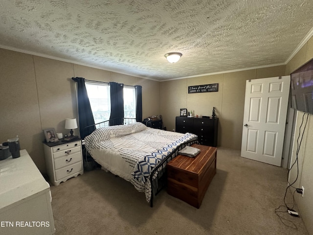 bedroom featuring light colored carpet, crown molding, and a textured ceiling