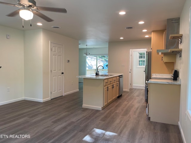 kitchen featuring a kitchen island with sink, exhaust hood, sink, dark hardwood / wood-style flooring, and stainless steel appliances