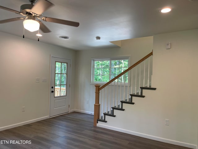 entrance foyer with dark hardwood / wood-style floors and ceiling fan