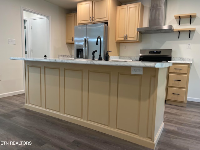 kitchen with dark wood-type flooring, a center island with sink, wall chimney range hood, stainless steel fridge with ice dispenser, and range