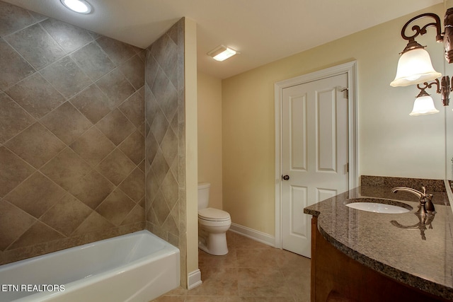 full bathroom with vanity, toilet, independent shower and bath, and tile patterned floors