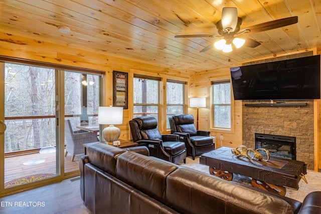 living room featuring wood ceiling, ceiling fan, a fireplace, and wooden walls