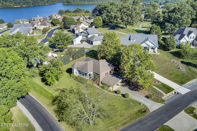 aerial view featuring a water view and a residential view