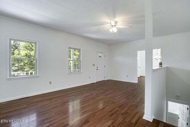 spare room featuring crown molding, dark wood-type flooring, a healthy amount of sunlight, and ceiling fan