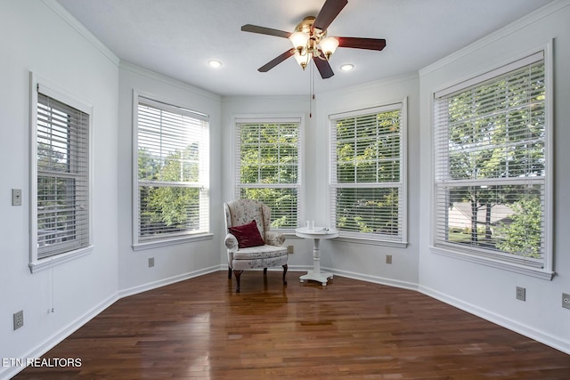 sitting room with a ceiling fan, baseboards, wood finished floors, and recessed lighting