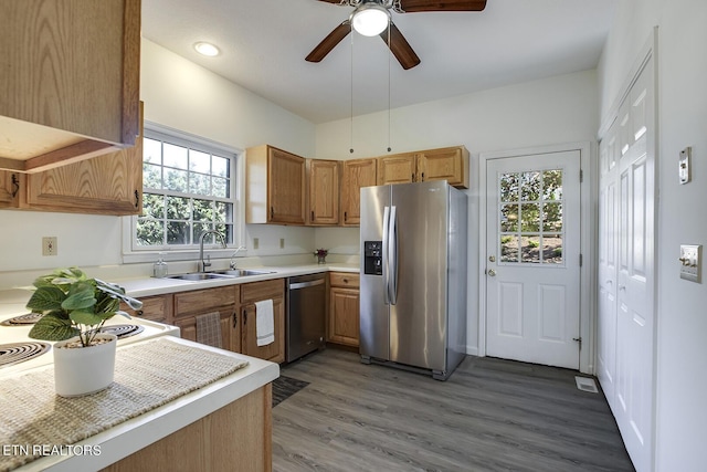 kitchen with a ceiling fan, appliances with stainless steel finishes, light countertops, light wood-type flooring, and a sink