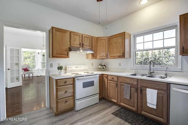 kitchen featuring white electric stove, under cabinet range hood, a sink, stainless steel dishwasher, and light wood finished floors