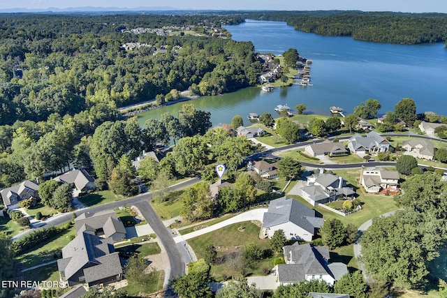 bird's eye view featuring a water view, a residential view, and a view of trees