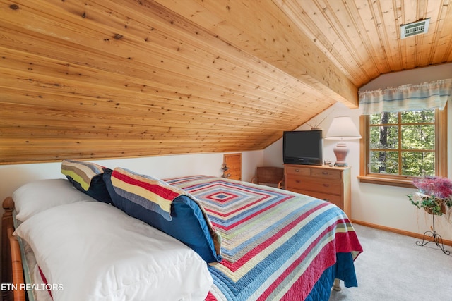 carpeted bedroom with wood ceiling and vaulted ceiling with beams