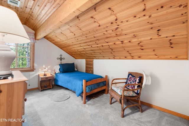 carpeted bedroom with wooden ceiling and vaulted ceiling with beams