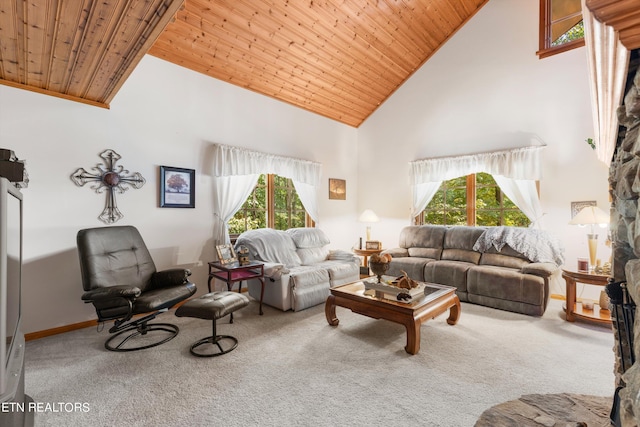 carpeted living room with wood ceiling, a healthy amount of sunlight, and high vaulted ceiling