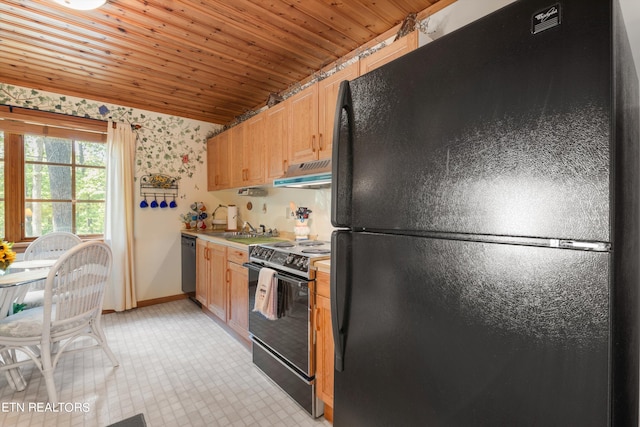 kitchen featuring wood ceiling, black appliances, and sink