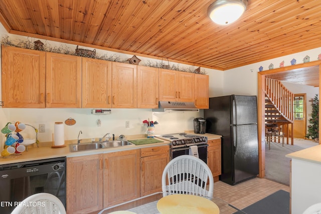 kitchen with wooden ceiling, electric range, sink, black refrigerator, and washer / clothes dryer