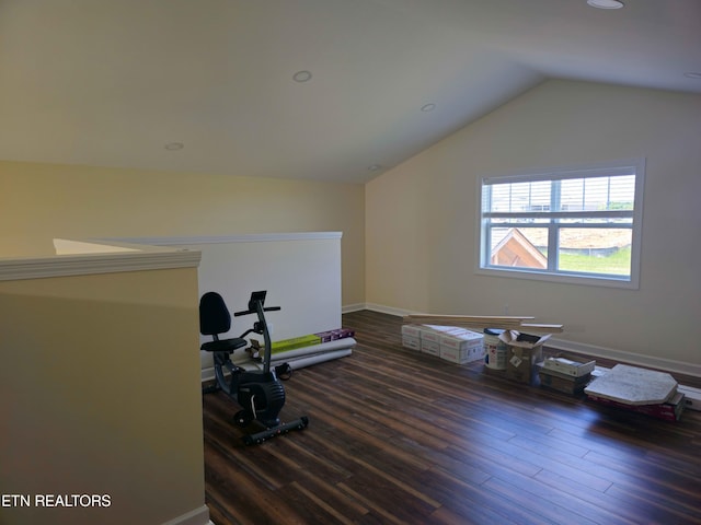 exercise room with lofted ceiling and dark hardwood / wood-style floors