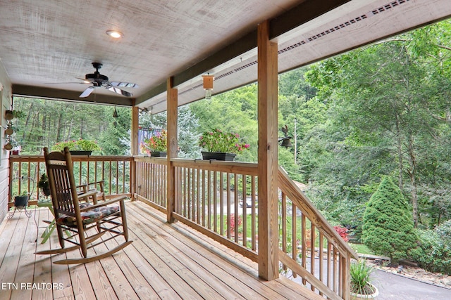 3138 Cool Creek Rd, Sevierville, TN 37862 - wooden terrace featuring a wooded view and ceiling fan