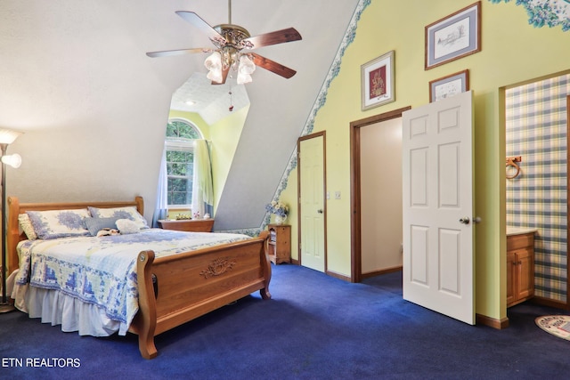 bedroom featuring carpet flooring, ceiling fan, and high vaulted ceiling