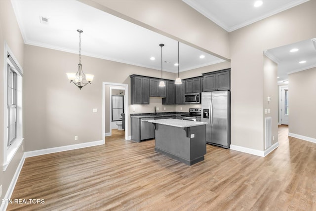 kitchen with light wood finished floors, stainless steel appliances, a center island, and visible vents