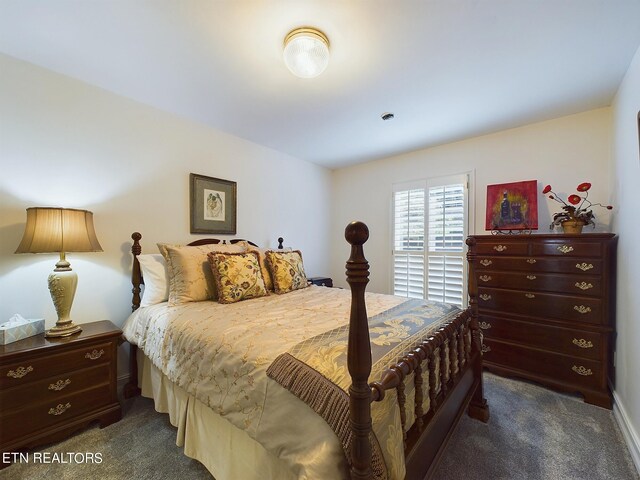 bedroom with dark carpet