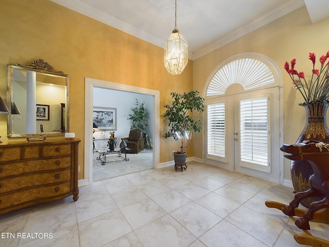 155 Lake Crest Dr, Lenoir City, TN 37772 - foyer entrance with baseboards, french doors, an inviting chandelier, and crown molding
