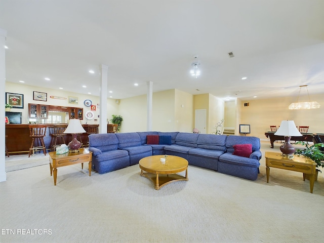 155 Lake Crest Dr, Lenoir City, TN 37772 - living room with visible vents, carpet floors, recessed lighting, and bar