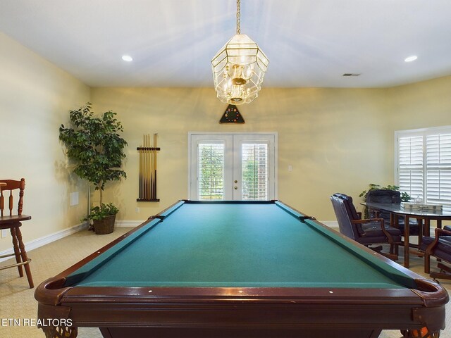 rec room featuring french doors, carpet, and billiards