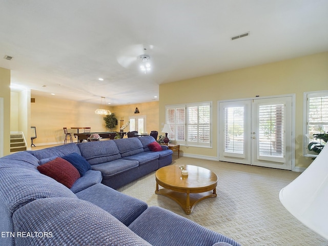 155 Lake Crest Dr, Lenoir City, TN 37772 - living area with baseboards, visible vents, recessed lighting, and light colored carpet
