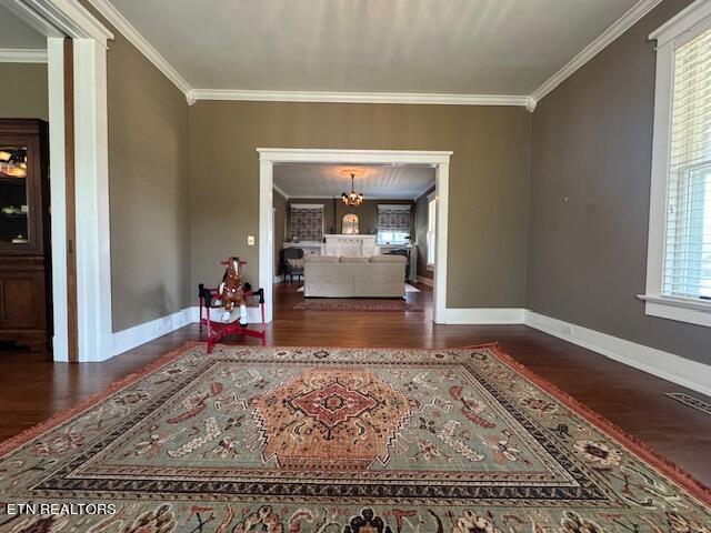 interior space featuring ornamental molding, dark hardwood / wood-style floors, plenty of natural light, and a notable chandelier