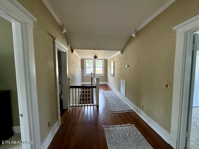 hallway featuring crown molding and dark hardwood / wood-style flooring