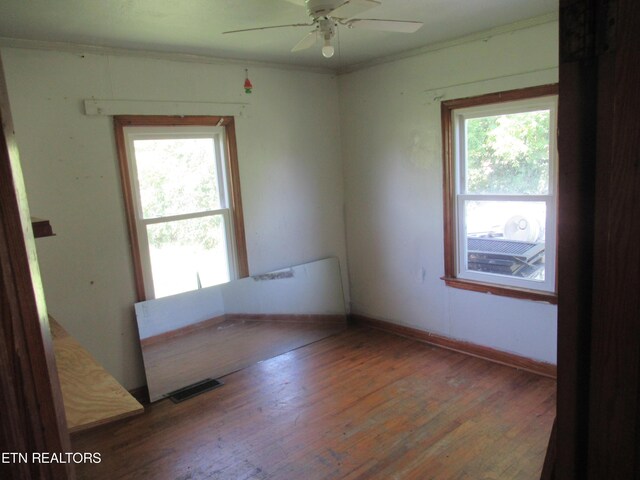 spare room with ornamental molding, dark wood-type flooring, and ceiling fan