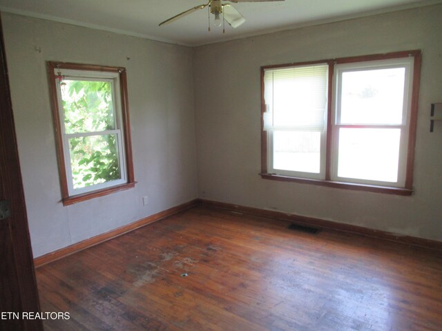 spare room featuring ceiling fan, dark hardwood / wood-style flooring, and ornamental molding