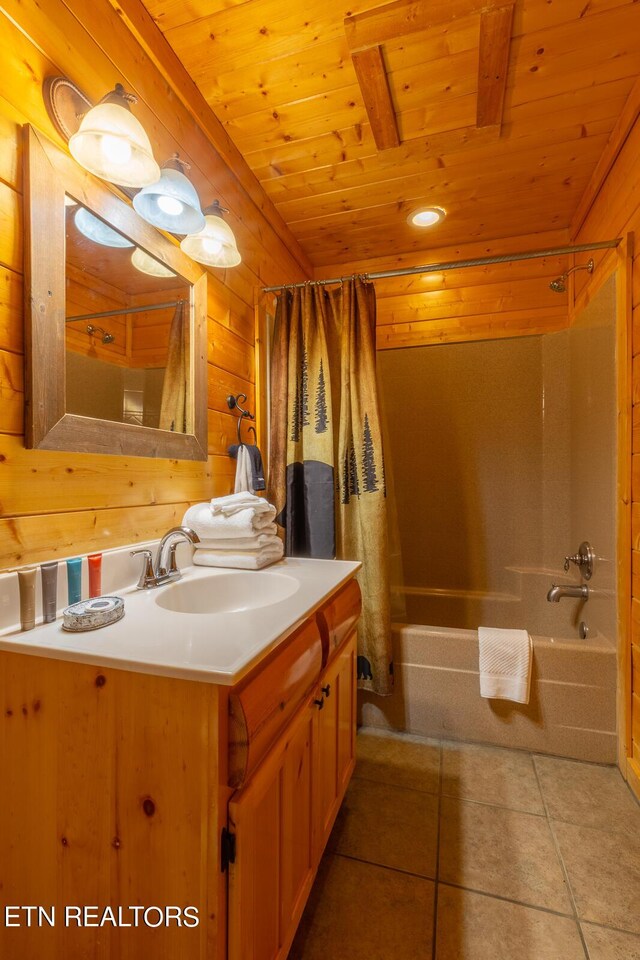 bathroom with tile patterned floors, shower / bath combo, wooden ceiling, and vanity